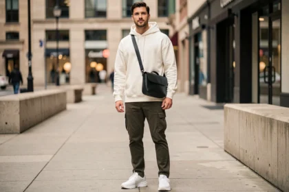 Homme en streetwear portant une sacoche en cuir noir en bandoulière sur un trottoir urbain