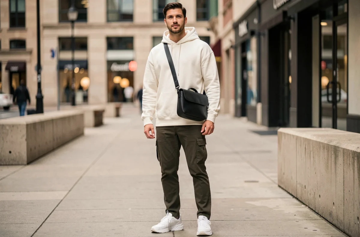 Homme en streetwear portant une sacoche en cuir noir en bandoulière sur un trottoir urbain