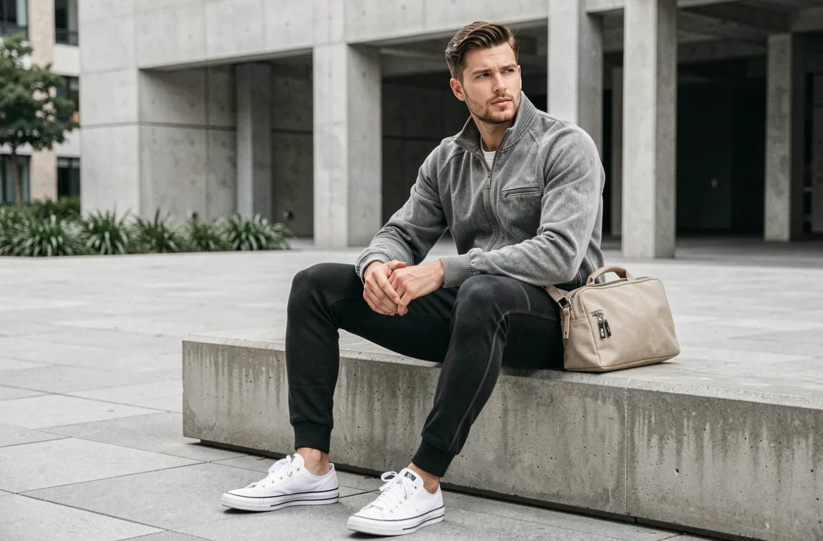 Homme assis en tenue streetwear avec une sacoche nylon beige sur les genoux dans un espace urbain minimaliste