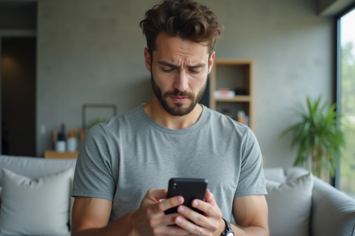 Homme scrutant son téléphone avec méfiance face aux frais cachés d'un site de vêtements en ligne