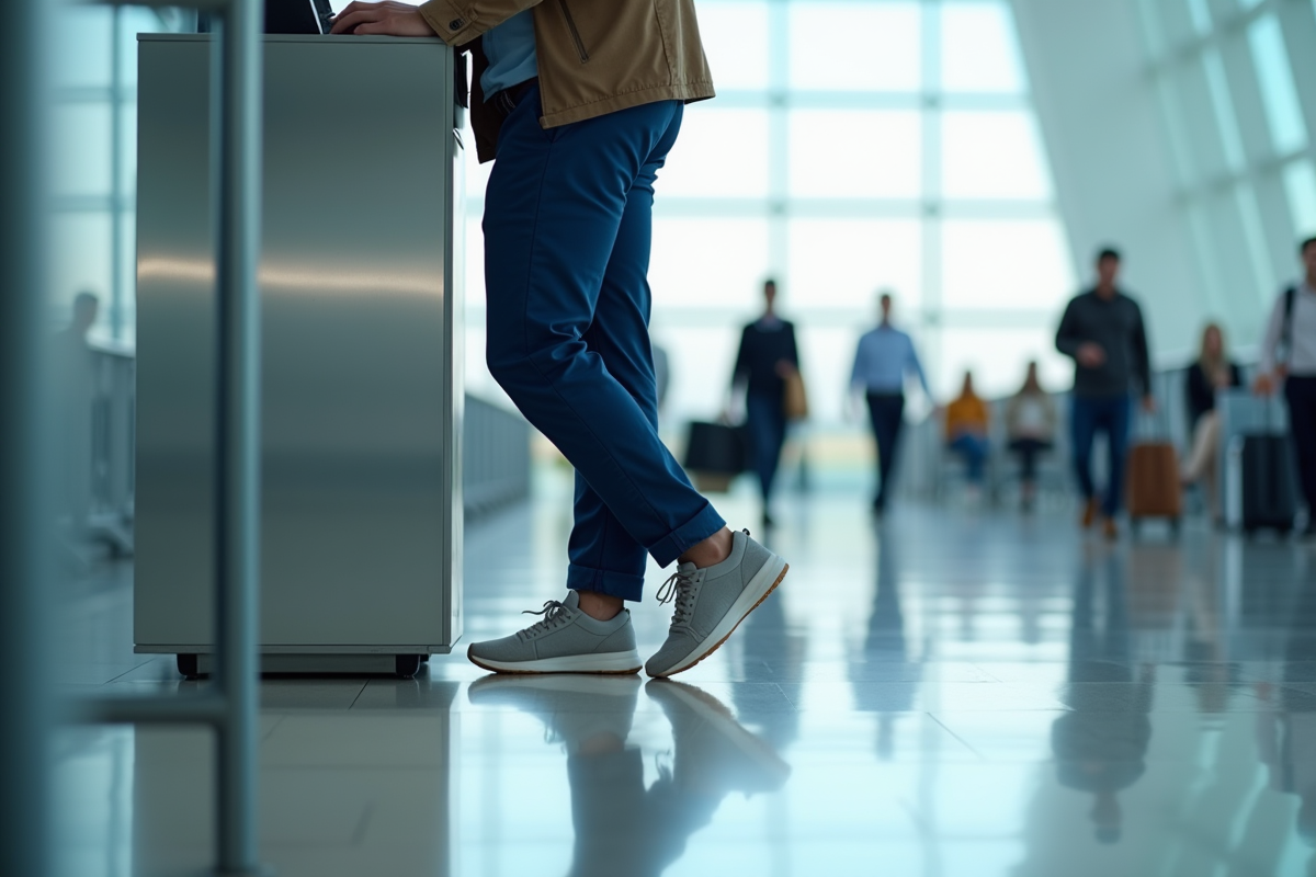 Homme en sneakers décontractés dans un terminal aéroport