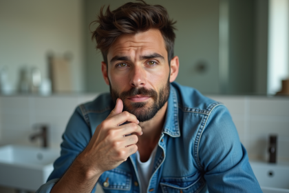 Homme en routine de soin visage avec barbe bien taillée