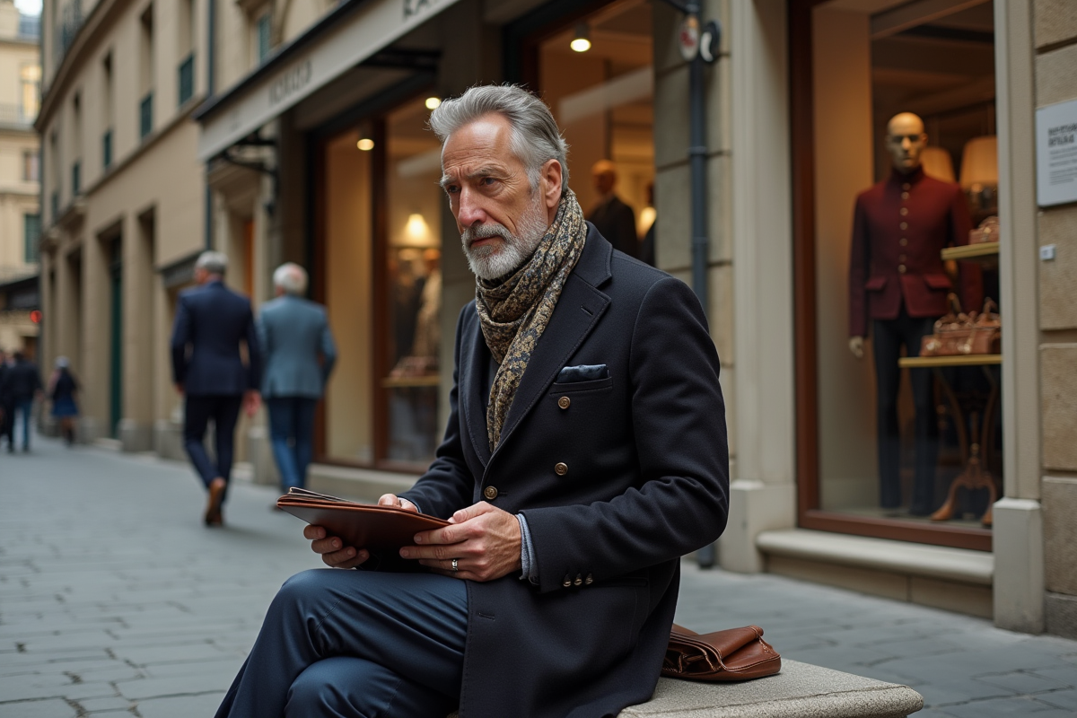 Homme chic assis devant un atelier ancien en ville