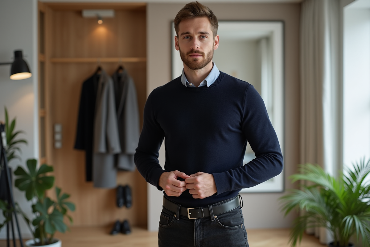 Homme en jeans et ceinture ajustant sa tenue dans un miroir