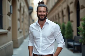 Homme barbu en ville avec chemise blanche et bun