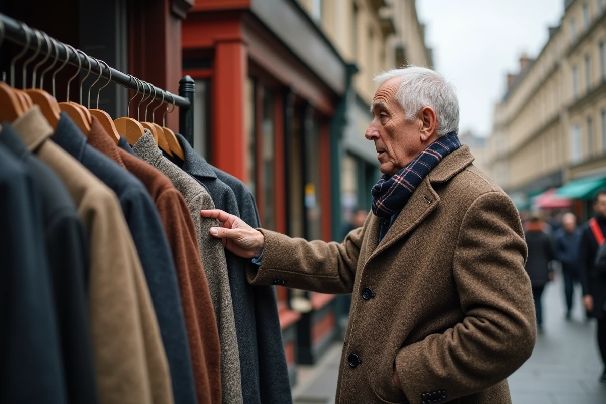 Homme inspectant un manteau vintage en marché urbain