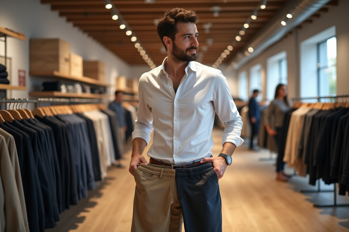 Jeune homme essayant des pantalons dans un magasin de vêtements