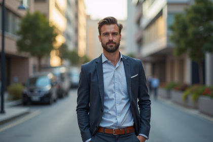 Homme élégant en ville portant une ceinture en focus