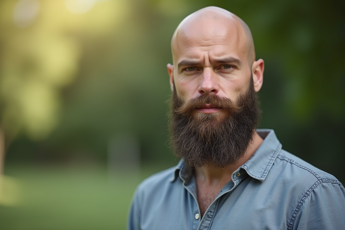 Homme chauve avec barbe soignee en plein air