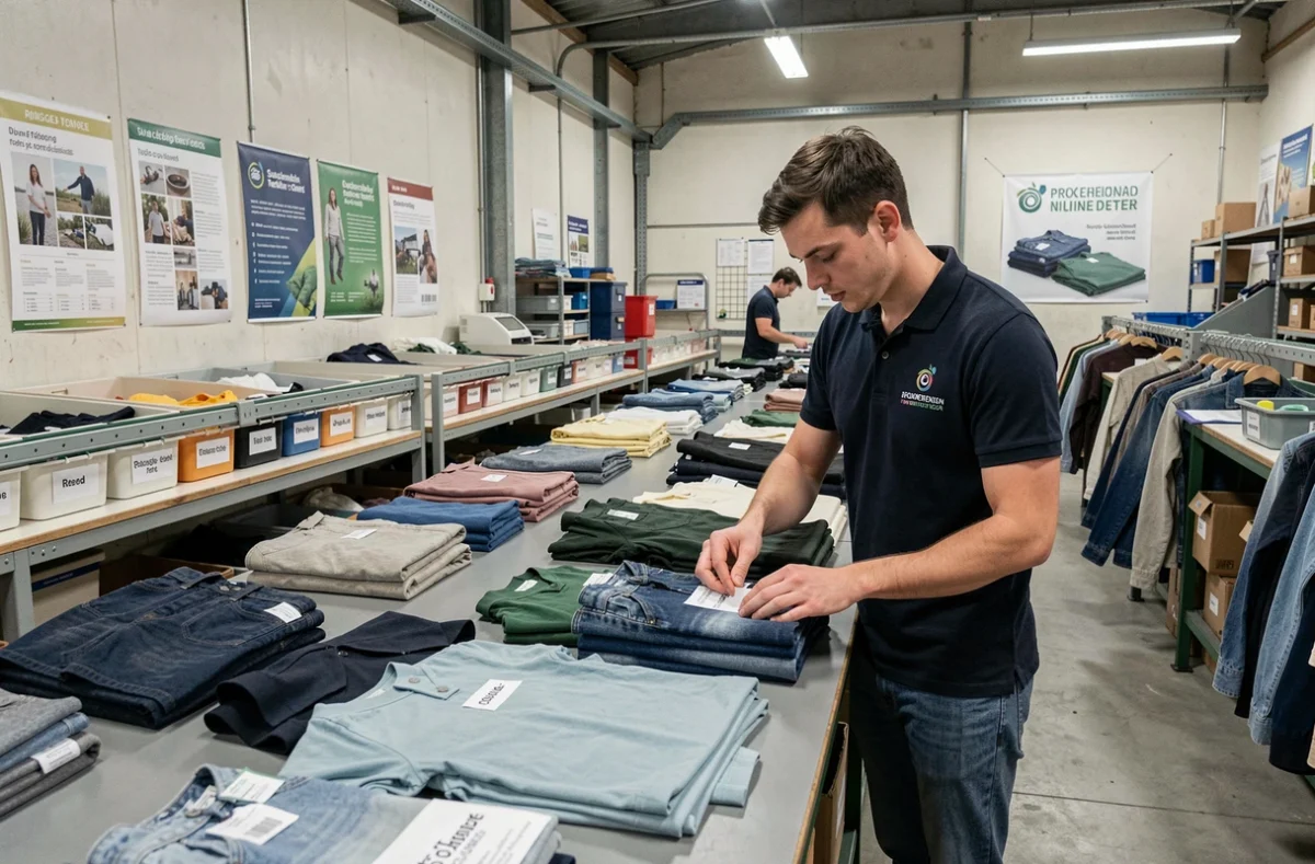 Travailleur triant des vêtements donnés sur une table dans l'atelier de réemploi textile Inservet