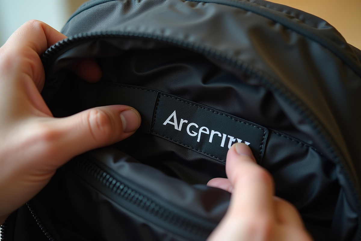 Mains examinant l étiquette intérieure d un sac à dos