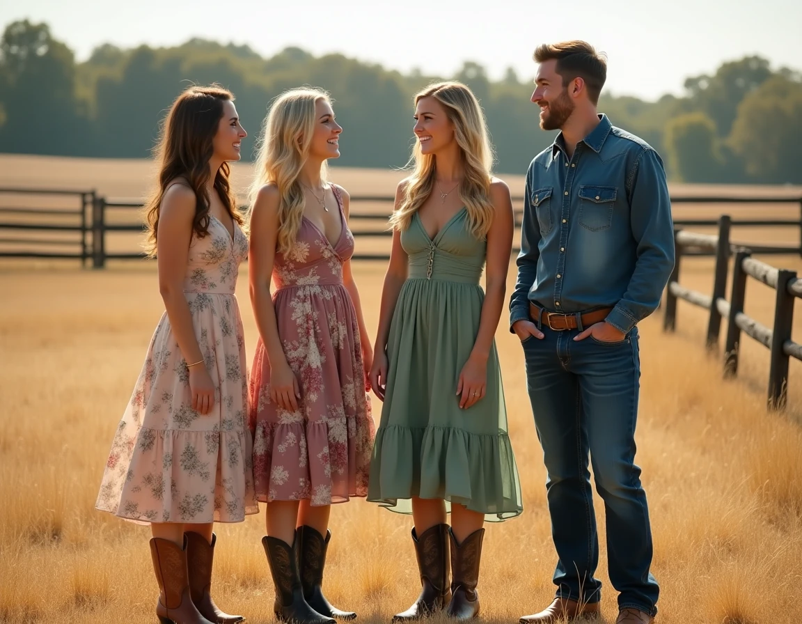Groupe d'invités en tenue country chic avec bottes western cowboy dans un pré pour un mariage champêtre en plein air