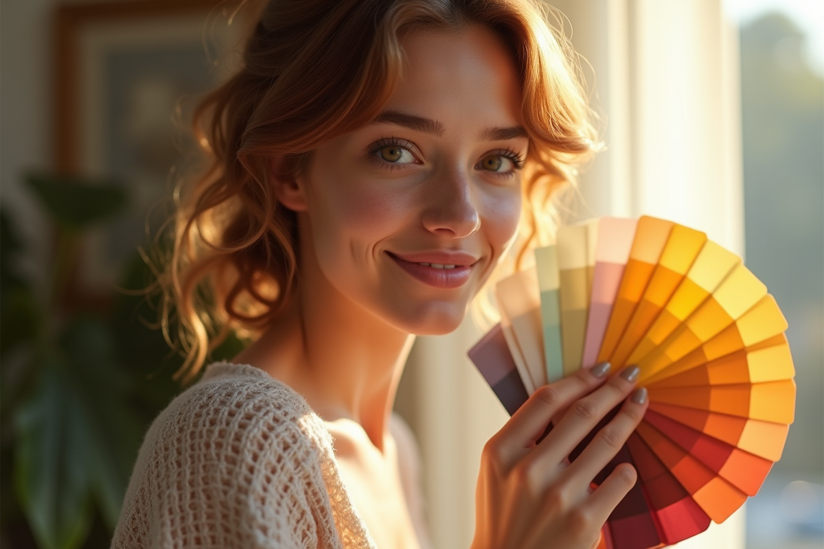 Jeune femme avec peau dorée tenant des échantillons de couleur