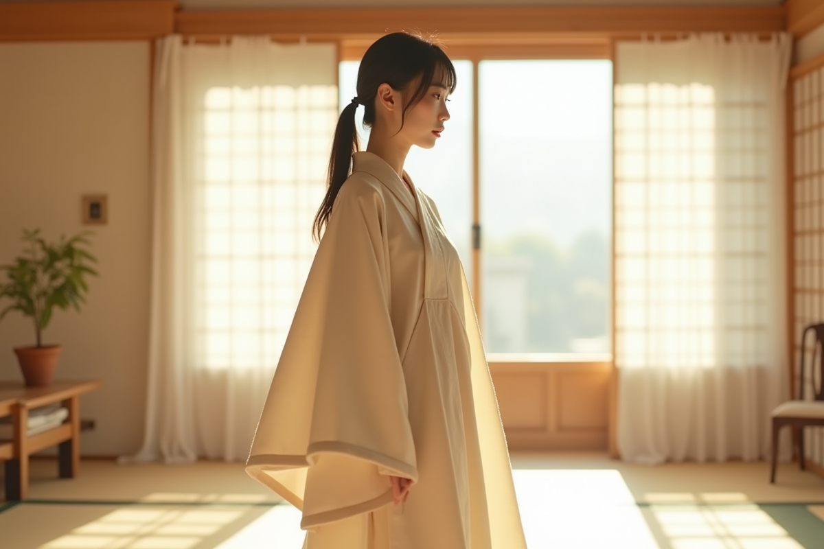 Jeune femme japonaise portant une tunique traditionnelle dans une pièce lumineuse