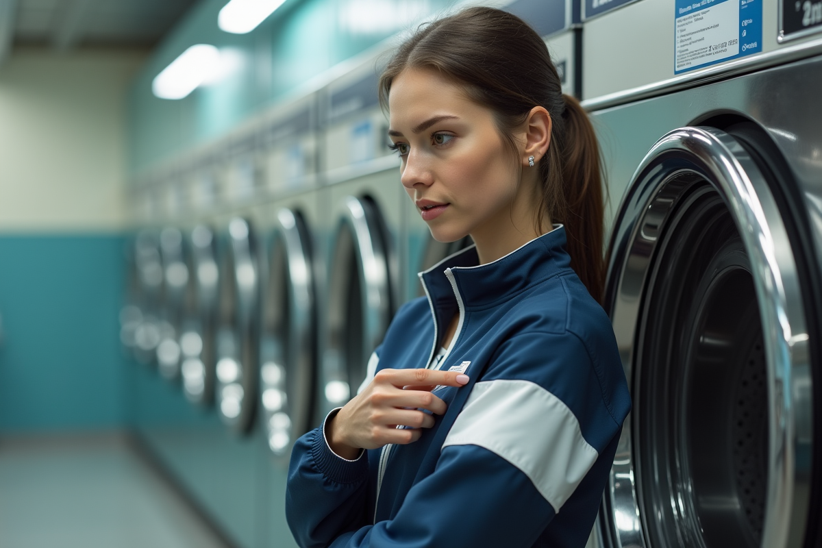 Jeune femme examine une étiquette de vêtement dans une laverie moderne