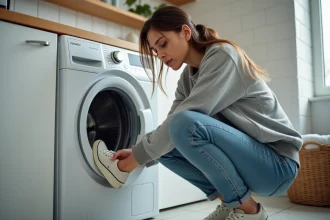 Jeune femme place des sneakers dans la machine à laver