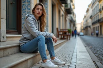 Jeune femme assise sur un escalier à Lisbonne avec azulejos