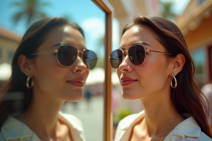 Jeune femme essayant des lunettes de soleil en plein air