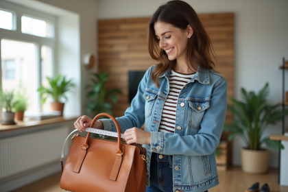 Jeune femme en denim mesure sac à main en cuir tan