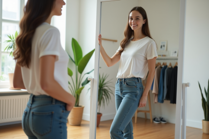Jeune femme souriante en jeans et T-shirt blanc devant miroir