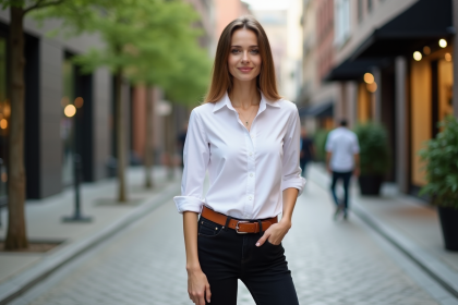 Jeune femme élégante en jeans noir et ceinture en ville