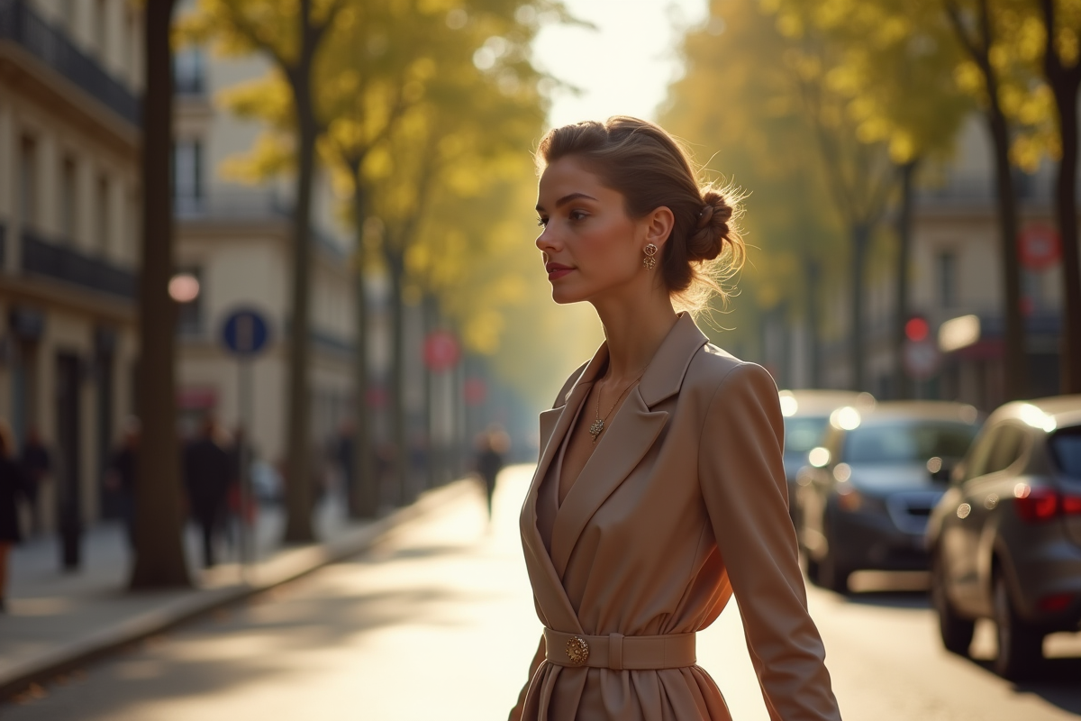 Jeune femme élégante marchant dans une avenue ensoleillée du 16e à Paris