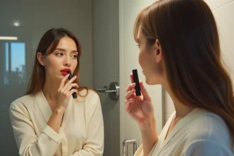 Jeune femme appliquant un rouge à lèvres rouge devant miroir