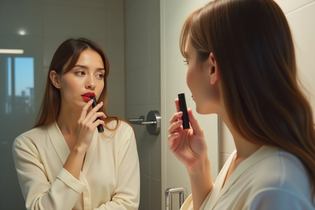 Jeune femme appliquant un rouge à lèvres rouge devant miroir