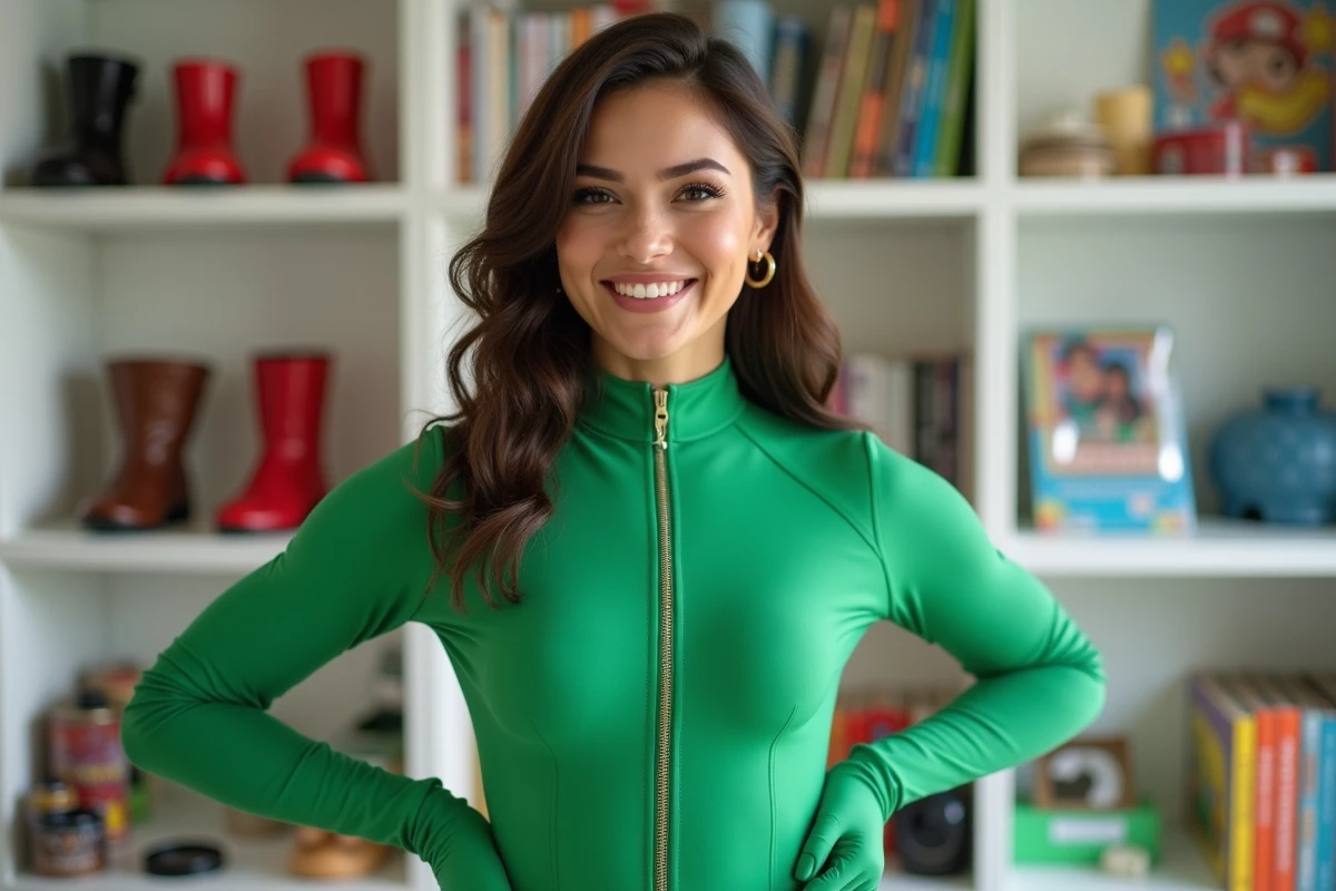 Jeune femme en costume de Sam de Totally Spies ajustant sa ceinture