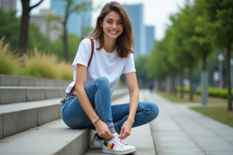 Jeune femme assise sur des marches en ville avec sneakers colorés