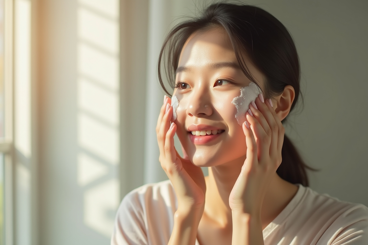 Jeune femme koreenne appliquant une creme visage naturelle