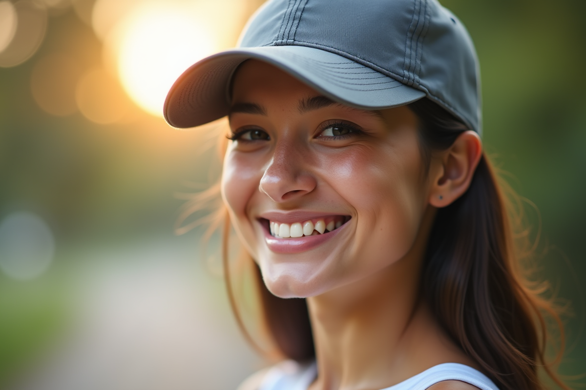 Jeune femme souriante portant une casquette dans la nature