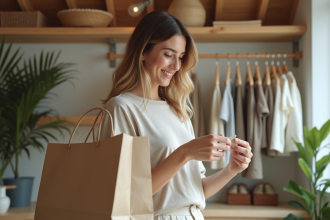 Jeune femme en coton bio examine une étiquette dans boutique