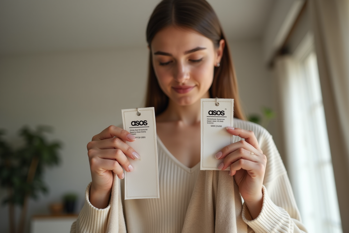 Jeune femme comparant deux vêtements ASOS dans un appartement lumineux