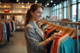 Jeune femme souriante dans une boutique de mode tendance