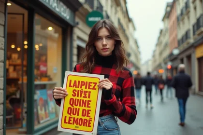 Jeune femme dans la rue des ann&eacute;es 70 avec affiche vintage