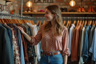 Jeune femme vintage souriante dans une boutique rétro