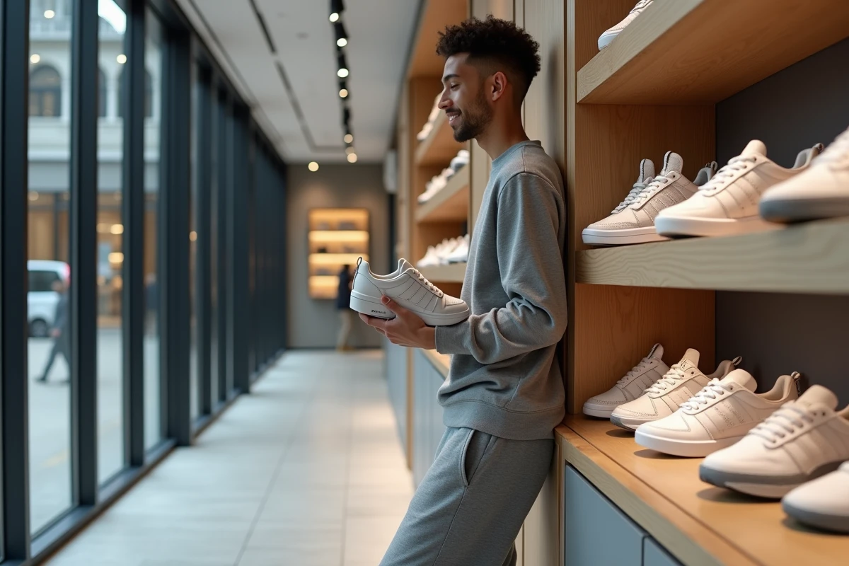Jeune homme dans une boutique de sneakers avec sneakers en main