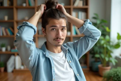 Jeune homme avec bun cheveux longs dans un appartement lumineux