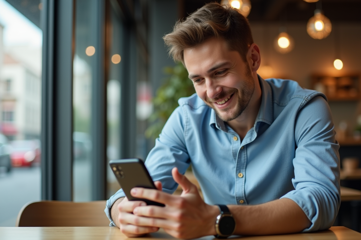 Jeune homme au café en train de comparer des avis en ligne sur son smartphone