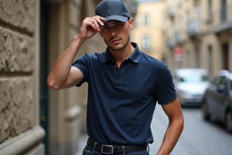 Jeune homme en polo et casquette urbaine en extérieur