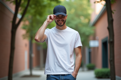 Jeune homme en t-shirt blanc ajustant sa casquette en ville