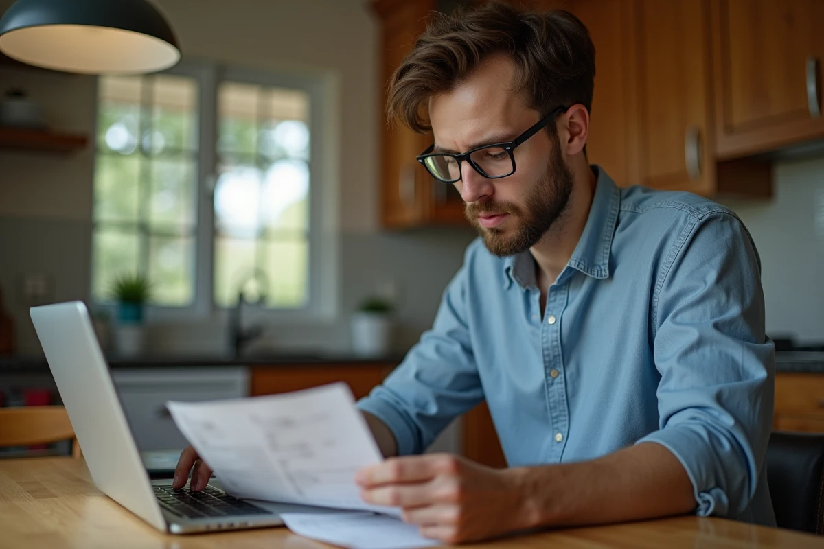 Jeune homme lisant des avis en ligne &agrave; la maison
