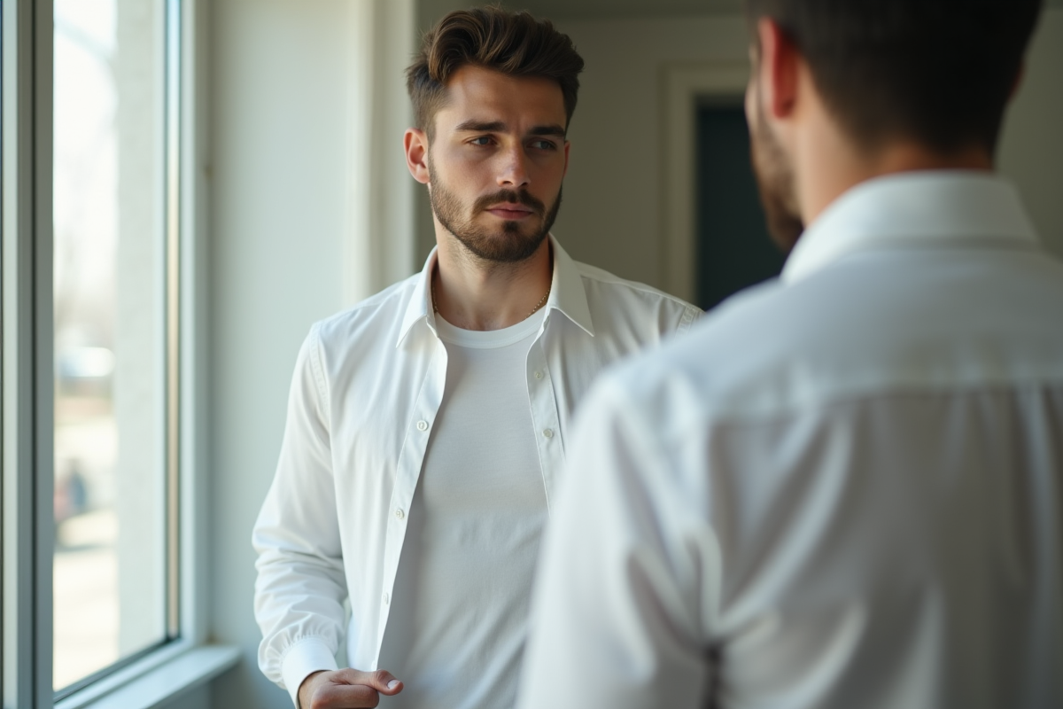 Jeune homme regardant dans le miroir en chemise blanche
