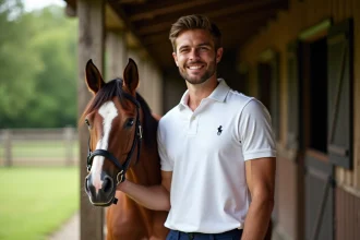 Jeune homme en polo blanc avec cheval à côté
