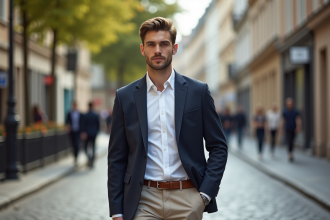 Jeune homme en blazer dans une rue urbaine européenne