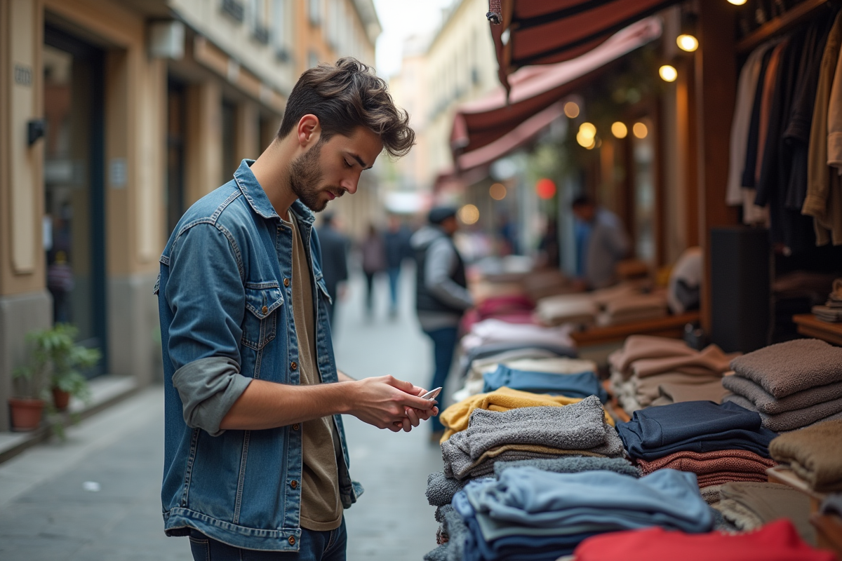 Jeune homme vérifiant les prix dans un marché en plein air