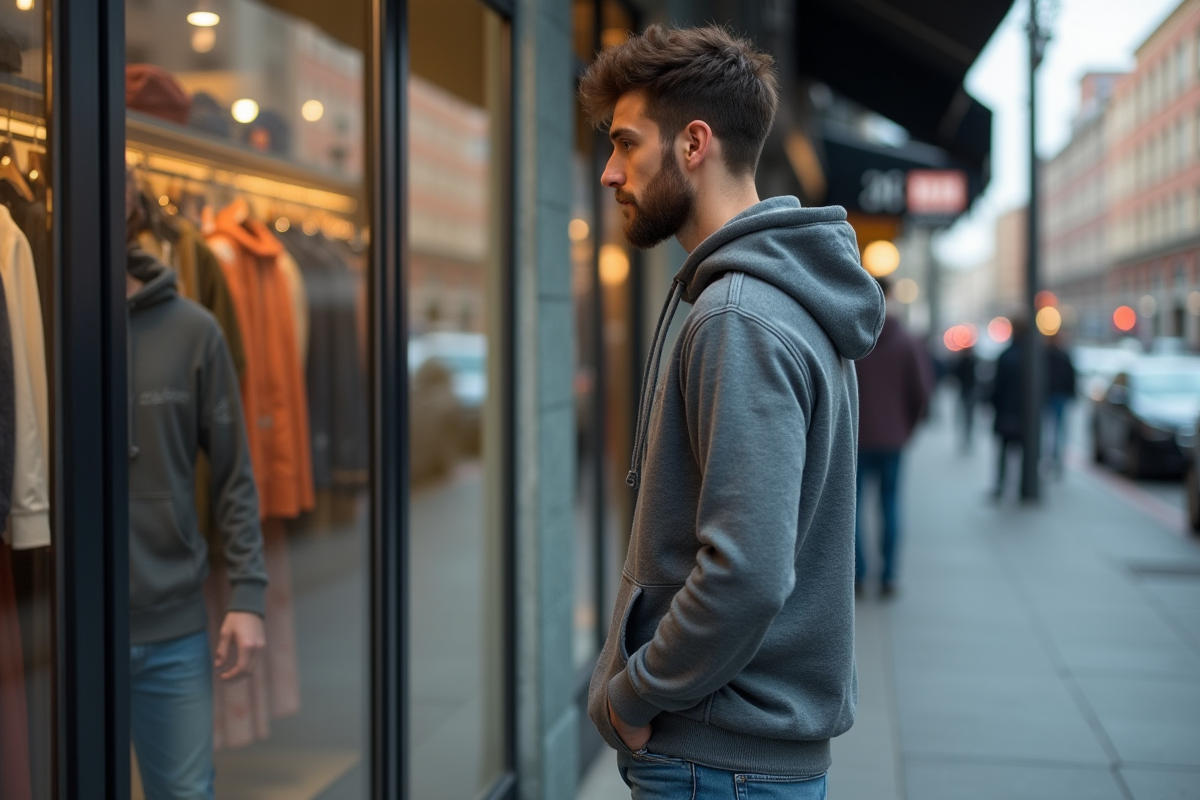 Jeune homme regarde sa reflection dans une vitrine urbaine
