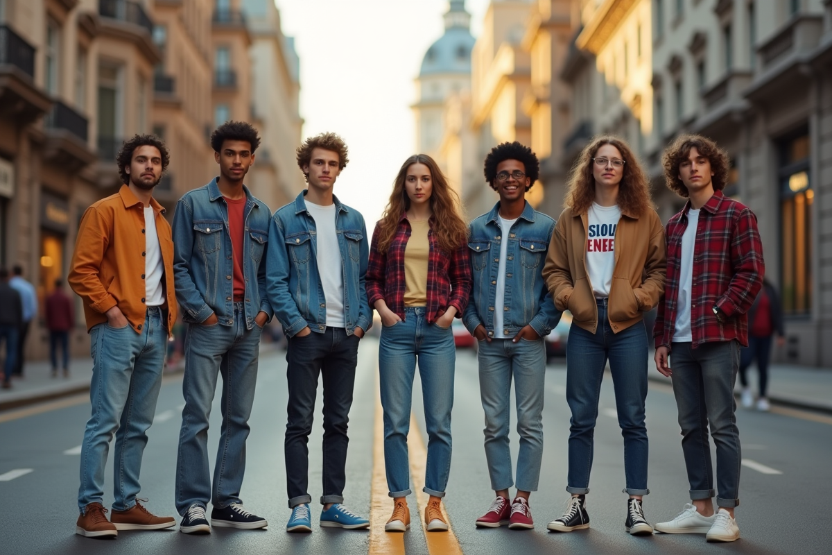 Groupe de jeunes adultes dans la rue en 90s avec mode vintage