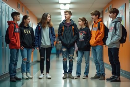 Groupe d'adolescents dans un hall d'école moderne